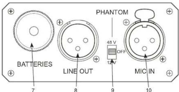 BATTERIES LINE OUT PHANTOM 48 V OFF 12 V MIC IN 7 8 9 10