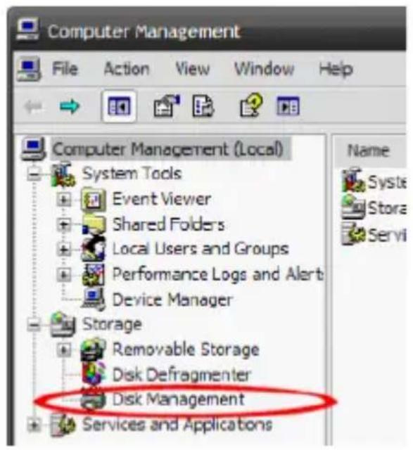 Computer Management File Action View Window Help Computer Management (Local) System Tools Event Viewer Shared Folders Local Users and Groups Performance Logs and Alert Device Manager Storage Removable Storage Disk Defragmenter Disk Management Services and Applications Name Syste Stora Servi