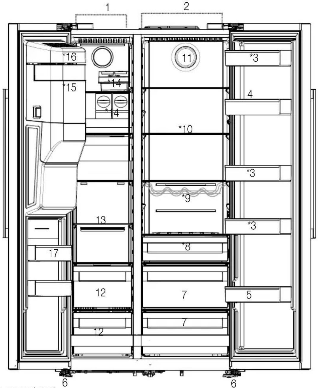 Technical diagram of a refrigerator interior with numbered compartments and ventilation slots