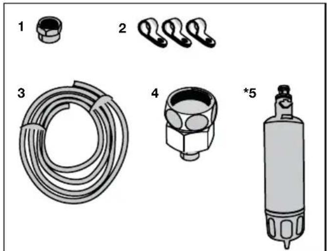 Illustration of five different types of industrial equipment: a coiled hose, two clamps, a pressure regulator, and a cylindrical tank (no text or symbols present)