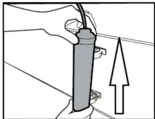 Illustration of a hand holding a cylindrical device with a cable, next to an upward arrow (no text or symbols).