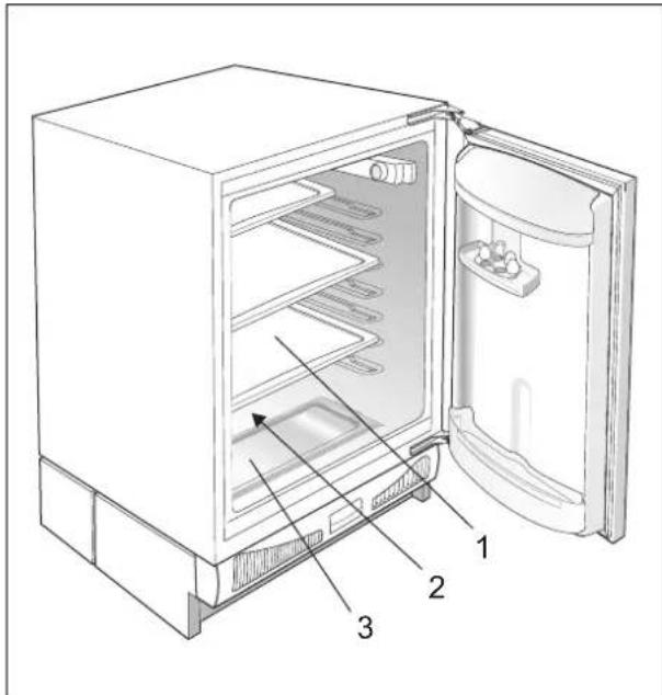 Technical diagram of an open refrigerator with labeled parts including one door, two shelves, and one interior panel.