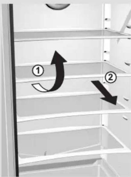 Diagram showing two labeled arrows (① and ②) indicating directional changes in a refrigerator shelf, with arrows pointing to horizontal shelves.