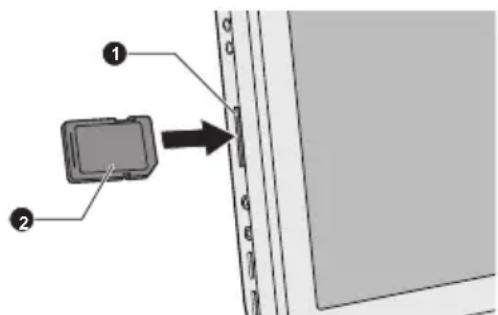 Diagram showing a device with labeled parts and an arrow pointing to a component, likely illustrating a process or assembly.