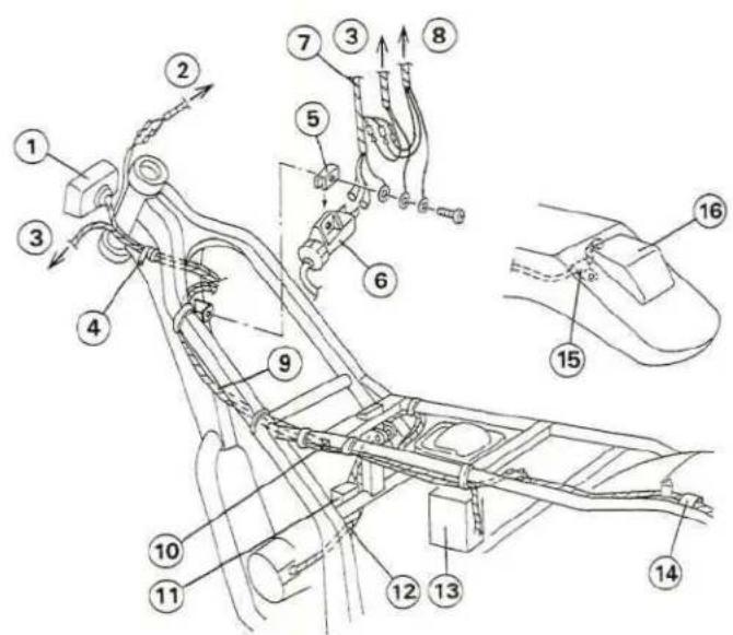 Technical diagram of a vehicle suspension system with numbered components and directional arrows indicating motion or movement.