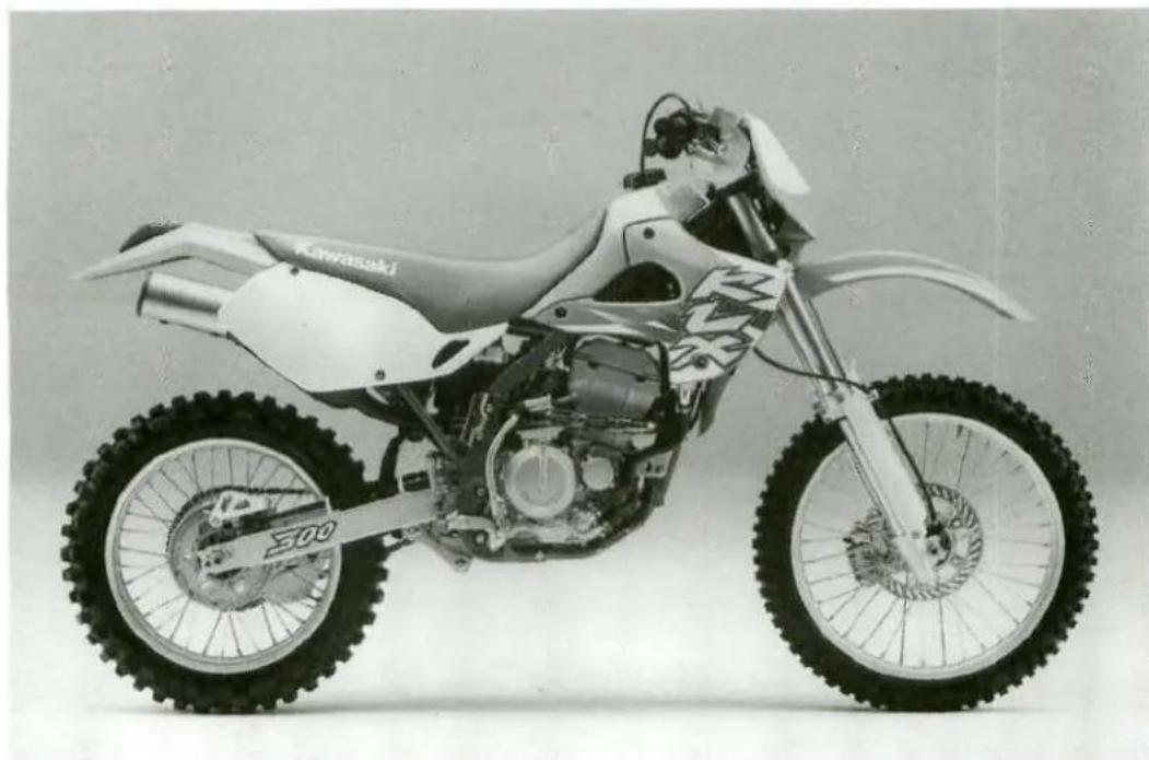 Side profile of a Kawasaki 300 motorcycle with visible tire tracks and engine components (no text or symbols on the vehicle itself)