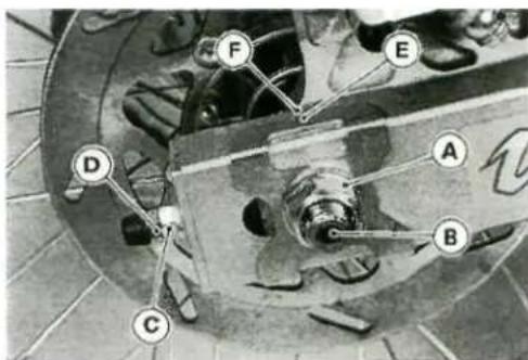 Labeled mechanical component diagram with numbered parts A through F