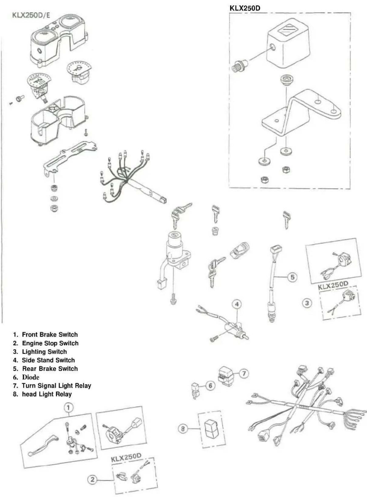 KLX250D/E KLX250D 1. Front Brake Switch 2. Engine Stop Switch 3. Lighting Switch 4. Side Stand Switch 5. Rear Brake Switch 6. Diode 7. Turn Signal Light Relay 8. head Light Relay KLX250D ① ② ③ ④ ⑤ ⑥ ⑦ ⑧