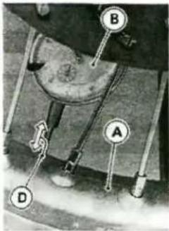Technical diagram of a mechanical assembly with labeled parts A, B, and D