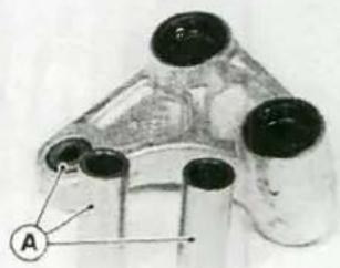 Close-up of a mechanical component with multiple cylindrical ports and a labeled point A (no text or symbols beyond label)