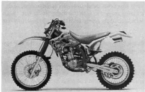 Side profile of a modified off-road motorcycle with visible engine and wheel (no text or symbols)