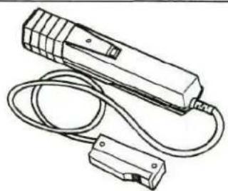 Line drawing of a handheld electronic device with coiled cable and connector (no text or symbols)