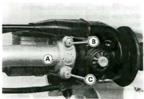 Technical diagram of a mechanical assembly with labeled parts A, B, and C