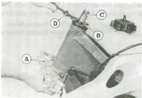 Technical diagram of a mechanical assembly with labeled parts A, B, C, and D