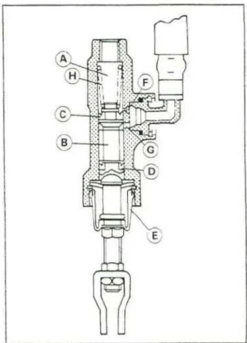 Technical diagram of a mechanical device with labeled components A through H