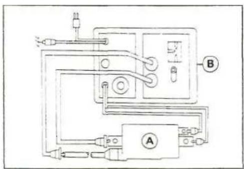 Electrical circuit diagram with labeled components A and B, showing connections and wiring paths
