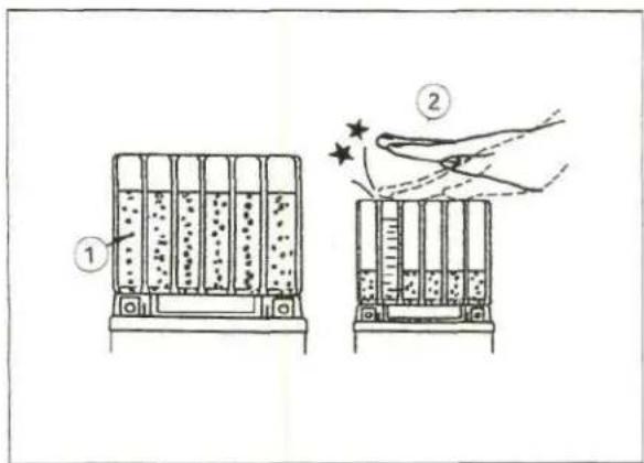 Diagram illustrating two experimental setups with labeled components and a hand demonstrating the process.