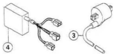 Two types of electrical connectors shown: a rectangular box with four connectors and a curved motor with three connectors (no text or symbols present)