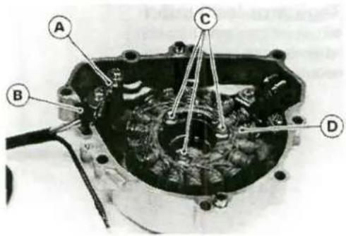 Technical diagram of a mechanical assembly with labeled components A, B, C, and D