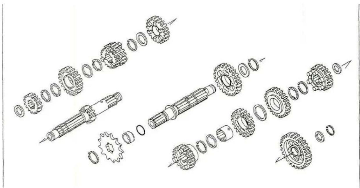 Exploded view diagram of a mechanical gear assembly showing internal components and motion paths (no text or labels)