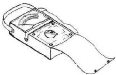 Line drawing of a mechanical device with a central dial and attached strap (no text or symbols)