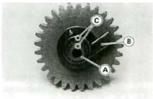 Technical diagram of a mechanical gear with labeled parts A, B, and C