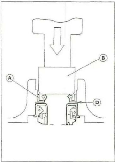 Technical diagram of a mechanical assembly with labeled components A, B, and D