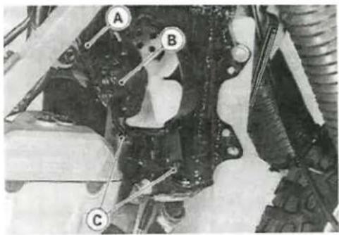 Technical diagram of a mechanical assembly with labeled parts A, B, and C