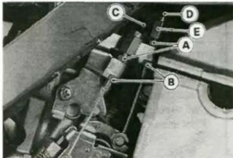 Technical diagram of a mechanical assembly with labeled parts A, B, C, D, and E