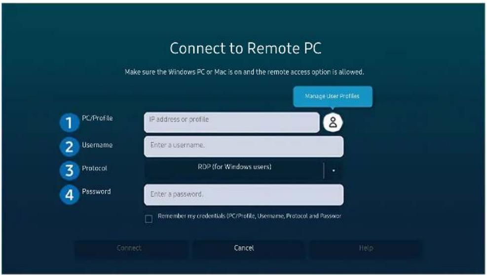 Connect to Remote PC Make sure the Windows PC or Mac is on and the remote access option is allowed. PC/Profile IP address or profile Manage User Profiles Username Enter a username. Protocol RDP (for Windows users) Password Enter a password. Remember my credentials (PC/Profile, Username, Protocol and Password) Connect Cancel Help