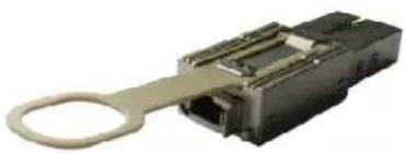 Close-up of a black electronic component with a metallic handle attached, no visible text or symbols.