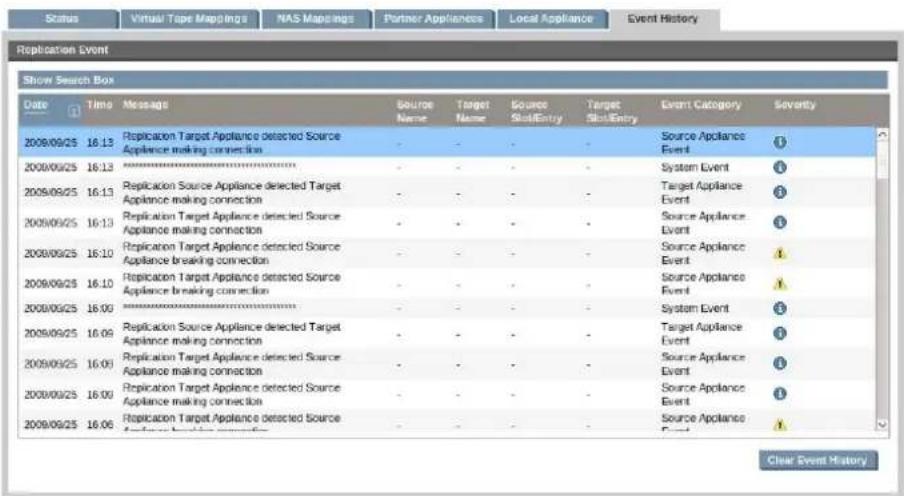 Status Virtual Tape Mapping NAS Mapings Partner Appliances Local Appliance Event History Replication Event Show Search Box Date Time Message Source Name Target Name Source StatusEntry Target StatusEntry Event Category Severity 2008/09/25 16:13 Replication Target Appliance detected Source Appliance making connection - - - - - - - - - Source Appliance Event 2008/09/25 16:13 Replication Source Appliance detected Target Appliance making connection - - - - - - - - - - - - - - - - - - - - - - - - - - - - - - - - - - - - - - - - - - - - - - - - - - - - - - - - - - - - - - - - - - - - - - - - - - - - - - - - - - - - - - - - - - - - - - - - - - - - - - 2008/09/25 16:13 Replication Source Appliance detected Target Appliance making connection - - - - - - - - - - - - - - - - - - - - - - - - - - - - - - - - - - - - - - - - - - - - - - - - - - - - - - - - - - - 2008/09/25 16:13 Replication Target Appliance detected Source Appliance making connection - - - - - - - - - - - - - - - - - - - - - - - - - - - - - - 2008/09/25 16:10 Replication Target Appliance detected Source Appliance breaking connection - - - - - - - 16:10 Replication Target Appliance detected Source Appliance breaking connection - 16:09 Replication Source Appliance detected Target Appliance making connection - 16:09 Replication Target Appliance detected Source Appliance making connection - 16:08 Replication Target Appliance detected Source Appliance making connection - 16:07 Replication Target Appliance detected Source Appliance breaking connection - 16:06 Replication Target Appliance detected Source Appliance breaking connection - 16:05 Replication Target Appliance detected Source Appliance breaking connection - 16:04 Replication Target Appliance detected Source Appliance breaking connection - 16:03 Replication Target Appliance detected Source Appliance breaking connection - 16:02 Replication Target Appliance detected Source Appliance breaking connection - 16:01 Replication Target Appliance detected Source Appliance breaking connection - 16:00 Replication Target Appliance detected Source Appliance breaking connection - 16:09 Replication Target Appliance detected Source Appliance breaking connection - 16:08 Replication Target Appliance detected Source Appliance breaking connection - 16:07 Replication Target Appliance detected Source Appliance breaking connection - 16:06 Replication Target Appliance detected Source Appliance breaking connection - 16:05 Replication Target Appliance detected Source Appliance breaking connection - 16:04 Replication Target Appliance detected Source Appliance breaking connection - 16:03 Replication Target Appliance detected Source Appliance breaking connection - 16:02 Replication Target Appliance detected Source Appliance breaking connection - 16:01 Replication Target Appliance detected Source Appliance breaking connection - 16:00 Replication Target Appliance detected Source Appliance breaking connection - 16:09 Replication Target Appliance detected Source Appliance breaking connection - 16:08 Replication Target Appliance detected Source Appliance breaking connection - 16:07 Replication Target Appliance detected Source Appliance breaking connection - 16:06 Replication Target Appliance detected Source Appliance breaking connection