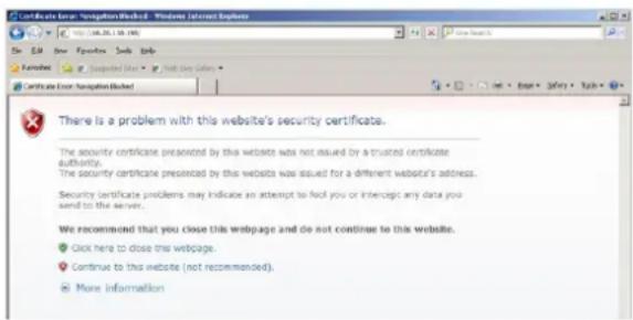 Certificate Error: Verification Checked - Windows Internet Explorer File Edit View Favorites Tools Help Favorites: Supported Web → Help Email Letters Certificate Error: Authentication Checked There is a problem with this website's security certificate. The security certificate presented by this website was not issued by a trusted certificate authority. The security certificate presented by this website was issued for a different website's address. Security certificate problems may indicate an attempt to feel you or intercept any data you send to the server. We recommend that you close this webpage and do not continue to this website. Click here to close this webpage. Continue to this website (not recommended). More information