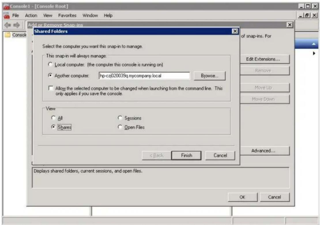 Console1 - [Console Root] File Action View Favorites Window Help Add or Remove Snap-ins Shared Folders Select the computer you want this snap-in to manage. This snap-in will always manage: Local computer: (the computer this console is running on) Another computer: hp-czj020039q.mycompany.local Browse... Allow the selected computer to be changed when launching from the command line. This only applies if you save the console. View All Sessions Shares Open Files < Back Finish Cancel of snap-ins. For Edit Extensions... Remove Move Up Move Down Advanced... Displays shared folders, current sessions, and open files. OK Cancel