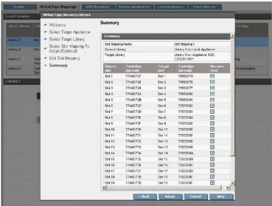 Local Libraries Virtual Tape Repocery Wizard Summary Welcome Select Target Appliance Select Target Library Select Slot Mapping To Adopt (Optional) Edit Slot Mapping Summary Summary Slot Mapping Name Slot Mapping 1 Source Library Library 1 on Local Appliance Target Library Library 8 on Appliance B20- CZ03019MY Source Slot Cartridge Barcode Target Slot Cartridge Barcode Recover First Slot 1 77A00T27 Slot 1 7555307D ✓ Slot 2 77A00T28 Slot 2 7555307E ✓ Slot 3 77A00T29 Slot 3 7555307F ✓ Slot 4 77A00T2A Slot 4 75553080 ✓ Slot 5 77A00T2B Slot 5 75553081 ✓ Slot 6 77A00T2C Slot 6 75553082 ✓ Slot 7 77A00T2D Slot 7 75553083 ✓ Slot 8 77A00T2E Slot 8 75553084 ✓ Slot 9 77A00T2F Slot 9 75553085 ✓ Slot 10 77A00T30 Slot 10 75553086 ✓ Slot 11 77A00T31 Slot 11 75553087 ✓ Slot 12 77A00T32 Slot 12 75553088 ✓ Slot 13 77A00T33 Slot 13 75553089 ✓ Slot 14 77A00T34 Slot 14 7555308A ✓ Slot 15 77A00T35 Slot 15 7555308B ✓ Slot 16 77A00T36 Slot 16 7555308C ✓ Slot 17 77A00T37 Slot 17 7555308D ✓ Slot 18 77A00T38 Slot 18 7555308E ✓ Slot 19 77A00T39 Slot 19