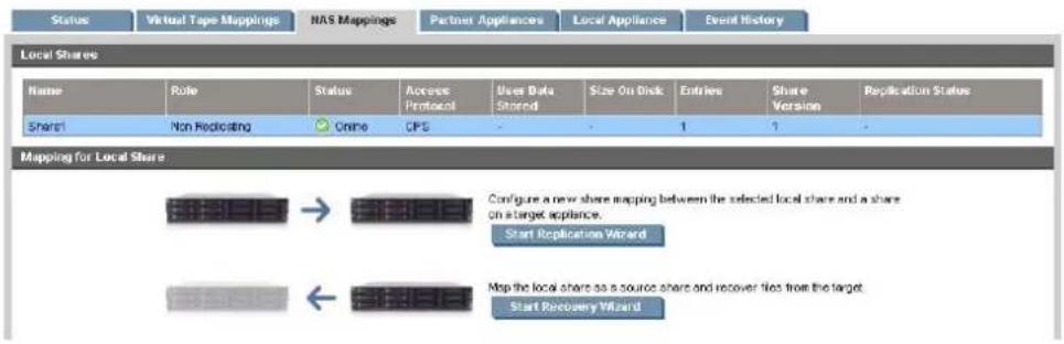 Status Virtual Tape Mappings NAS Mappings Partner Appliances Local Appliance Event History Local Shares Name Role Status Access Protocol User Data Shared Size On Disk Entries Share Version Replication Status Share1 Non Redicating Online CPS - - 1 1 Mapping for Local Share Configure a new share mapping between the selected local share and a share on a target appliance. Start Replication Wizard Map the local share as a source share and recover files from the target. Start Recovery Wizard
