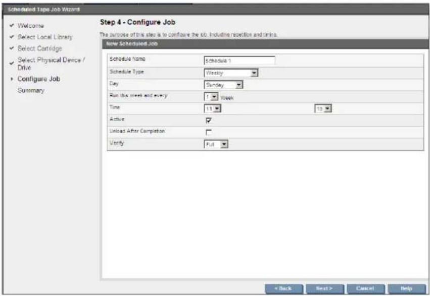 Scheduled Tape Job Wizard ✓ Welcome ✓ Select Local Library ✓ Select Cambridge ✓ Select Physical Device / Drive ► Configure Job Summary Step 4 - Configure Job The purpose of this site is to confine the job. Including repetition and timina. New Scheduled Job Schedule Name Schedule 1 Schedule Type Weekly Day Sunday Run this week and every Week Time 11 13 Active ✓ Unload After Completion ✓ Verify Full ✓ < Back Next > Cancel Help