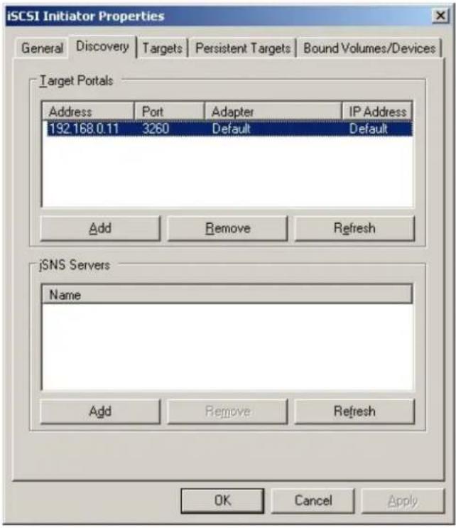 iSCSI Initiator Properties General Discovery Targets Persistent Targets Bound Volumes/Devices Target Portals Address Port Adapter IP Address 192.168.0.11 3260 Default Default Add Remove Refresh iSNS Servers Name Add Remove Refresh OK Cancel Apply