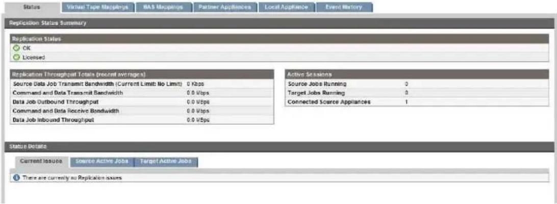 Status Virtual Tape Mapings MAS Mapings Partner Appliances Local Appliance Event History Replication Status Summary Replication Status OK Licensed Replication Throughput Totals (recent averages) Source Data Job Transmit Bandwidth (Current Limit: No Limit) 0 Kbps Command and Data Transmit Bandwidth 0.0 Mbps Data Job Outbound Throughput 0.0 Mbps Command and Data Receive Bandwidth 0.0 Mbps Data Job Inbound Throughput 0.0 Mbps Active Sessions Source Jobs Running 0 Target Jobs Running 0 Connected Source Appliances 1 Status Details Current Issues Source Active Jobs Target Active Jobs There are currently no Replication issues