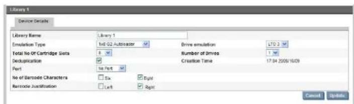 Library 1 Device Details Library Name Library 1 Simulation Type Std Q2 Autoencoder Drive simulation LTO 3 Total No Of Cartridge Sets 8 Number of Drives 1 Decuplication ✓ Creation Time 17.04.2500/16:09 Part Std Part No of Barcode Characters Six Right Barcode Justification Left Right Cancel Update