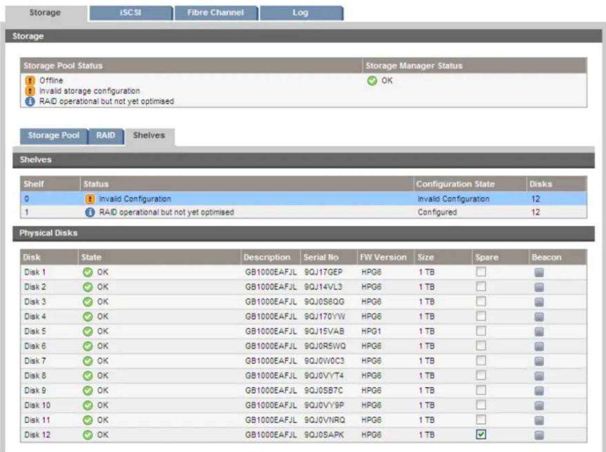 Storage iSCSI Fibre Channel Log Storage Storage Pool Status Storage Manager Status Offline OK Invalid storage configuration RAID operational but not yet optimised Storage Pool RAID Shelves Shelves Shelf Status Configuration State Disks 0 invalid Configuration Invalid Configuration 12 1 RAID operational but not yet optimised Configured 12 Physical Disks Disk State Description Serial No FW Version Size Spare Beacon Disk 1 OK GB1000EAFJL 9QJ17GEP HPG6 1 TB □ Disk 2 OK GB1000EAFJL 9QJ14VL3 HPG6 1 TB □ Disk 3 OK GB1000EAFJL 9QJ0S6QG HPG6 1 TB □ Disk 4 OK GB1000EAFJL 9QJ170YW HPG6 1 TB □ Disk 5 OK GB1000EAFJL 9QJ15VAB HPG1 1 TB □ Disk 6 OK GB1000EAFJL 9QJ0R5WQ HPG6 1 TB □ Disk 7 OK GB1000EAFJL 9QJ0W0C3 HPG6 1 TB □ Disk 8 OK GB1000EAFJL 9QJ0VYT4 HPG6 1 TB □ Disk 9 OK GB1000EAFJL 9QJ0SB7C HPG6 1 TB □ Disk 10 OK GB1000EAFJL 9QJ0VY9P HPG6 1 TB □ Disk 11 OK GB1000EAFJL 9QJ0VNRQ HPG6 1 TB □ Disk 12 OK GB1000EAFJL 9QJ0SAPK HPG6 1 TB ✓