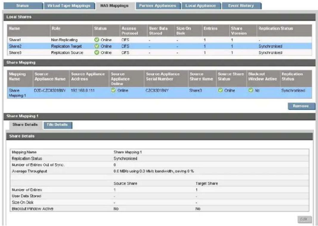 Status Virtual Tape Mappings HAS Mappings Partner Appliances Local Appliance Event History Local Shares Name Role Status Access Protocol User Data Stored Size On Disk Entries Share Version Replication Status Share1 Non Replicating Online CIFS - - 1 1 . Share2 Replication Target Online CIFS - - 1 1 Synchronised Share3 Replication Source Online CIFS - - 1 1 Synchronised Share Mapping Mapping Name Source Appliance Name Source Appliance Address Source Appliance Online Source Appliance Serial Number Source Share Name Source Share Status Blackout Window Active Replication Status Share Mapping 1 D20-CZC83018NY 192.168.0.111 Online CZC83018NY Share3 Online No Synchronised Remove Share Details File Details Share Details Mapping Name Share Mapping 1 Replication Status Synchronised Number of Entries Out of Sync. 0 Average Throughput 0.0 MB/s using 0.0 Mb/s bandwidth, saving 0 % Source Share Target Share Number of Entries 1 1 User Data Stored - - - Size On Disk - - - Blackout Window Active No No Edit