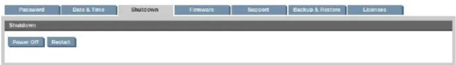 Password Date & Time Shutdown Firmware Support Backup & Restore Licenses Shutdown Power Off Restart