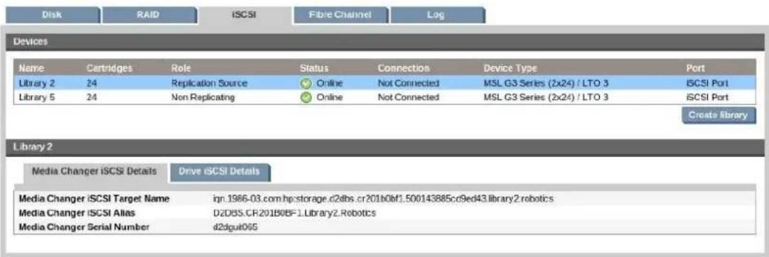 Disk RAID iSCSI Fibre Channel Log Devices Name Cartridges Role Status Connection Device Type Port Library 2 24 Replication Source Online Not Connected MSL G3 Series (2x24) / LTO 3 iSCSI Port Library 5 24 Non Replicating Online Not Connected MSL G3 Series (2x24) / LTO 3 iSCSI Port Create library Library 2 Media Changer iSCSI Details Drive iSCSI Details Media Changer iSCSI Target NameSQn.1966-03.com.hp:storage.c2dbs.cr201b0bf1.500143885cd9ed43.library2.robotics Media Changer iSCSI AliasD2DBS.CR201B0BF1.Library2.Robotics Media Changer Serial Numberd2dgut095