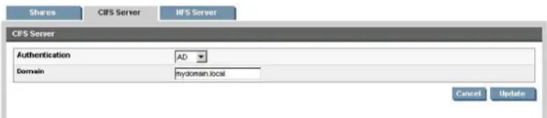Shares CIFS Server NFS Server CIFS Server Authentication AD Domain mydoman.local Cancel Update