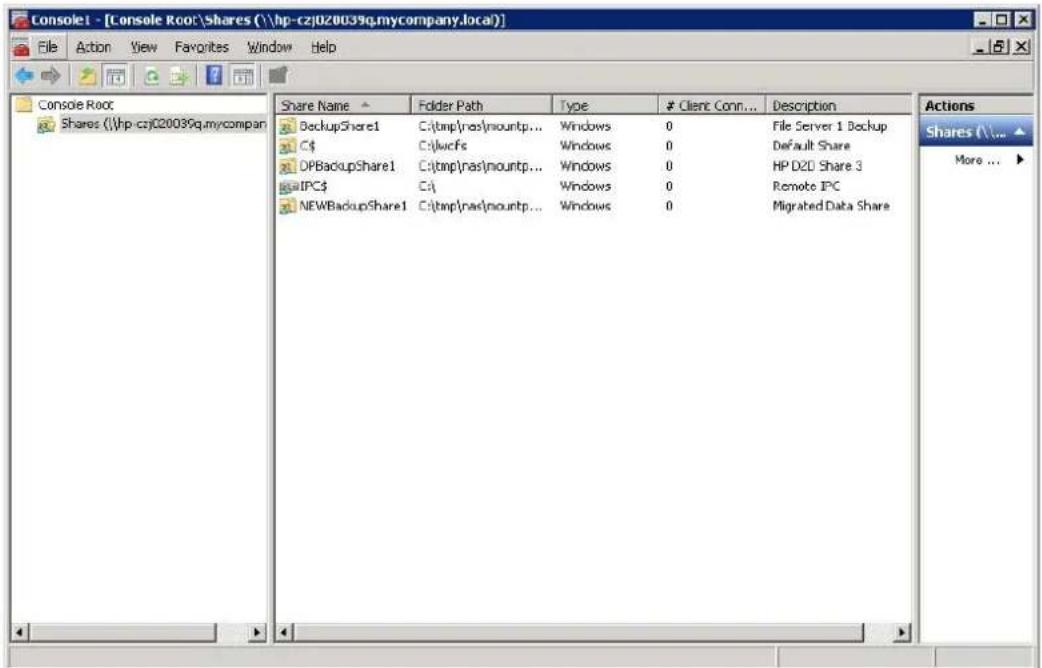 Console1 - [Console Root\Shares (\\hp-czj020039q.mycompany.local)] File Action View Favorites Window Help Console Root Shares (\\hp-czj020039q.mycompany Share Name Folder Path Type # Client Conn... Description BackupShare1 C:\tmp\nas\mountp... Windows 0 File Server 1 Backup C$ C:\wcfs Windows 0 Default Share DPBackupShare1 C:\tmp\nas\mountp... Windows 0 HP D2D Share 3 IPC$ C:\ Windows 0 Remote IPC NEWBackupShare1 C:\tmp\nas\mountp... Windows 0 Migrated Data Share Actions Shares (...) More ... >