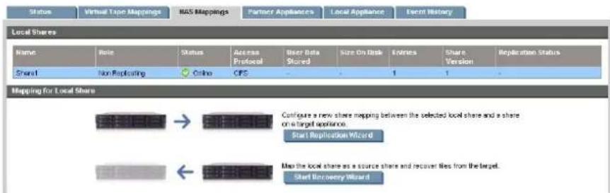 Status Virtual Tape Mappings HAS Mappings Partner Appliances Local Appliance Event History Local Shares Name Role Status Access Protocol User Data Stored Size On Date Entries Share Version Replication Status Share1 Non-Replacing Online CFS - - - - 1 1 Mapping for Local Share Configure a new share mapping between the selected local share and a share on a target appliance. Start Replication Wizard Make the local share as a source share and recover files from the target. Start Recovery Wizard