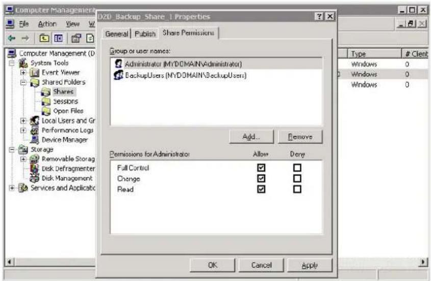 Computer Management File Action View D20_Backup_Share_1 Properties General Publish Share Permissions Group or user names: Administrator (MyDOMAIN\Administrator) BackupUsers (MyDOMAIN\BackupUsers) Add... Remove Permissions for Administrator: Allow Deny Full Control ✓ ✓ ✓ Change ✓ ✓ ✓ Read ✓ ✓ ✓ OK Cancel Apply Type # Client Windows 0 Windows 0 Windows 0