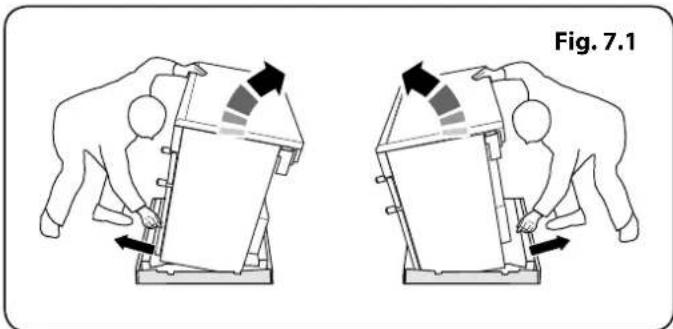 Two diagrams showing a person performing a mechanical device with directional arrows indicating motion (no text or symbols)