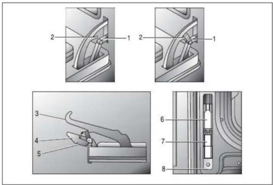 Technical diagram showing mechanical assembly steps with numbered components and labeled parts